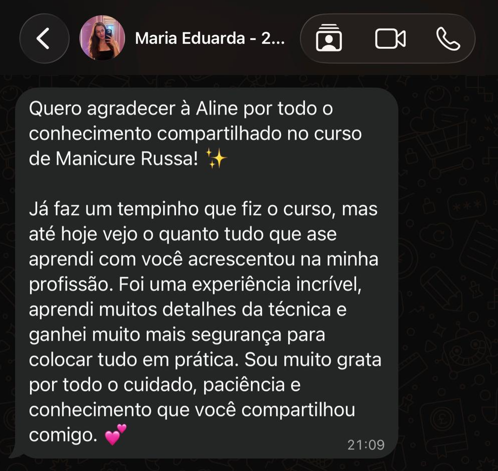 Mensagem de aluna sobre o curso de manicure russa da Aline