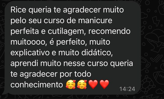 Mensagem recomendando o curso de manicure perfeita e cutilagem da Ricélia