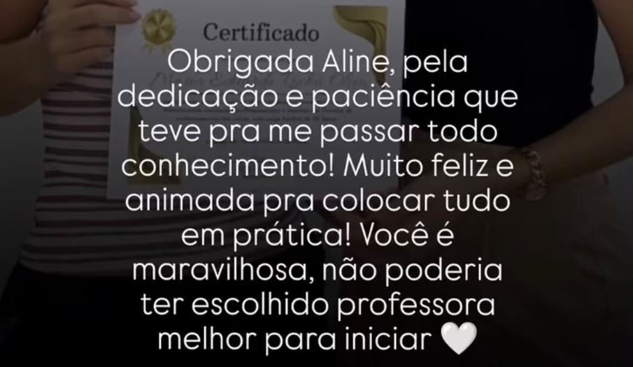 Depoimento de aluna agradecendo à Aline pelo conhecimento e dedicação