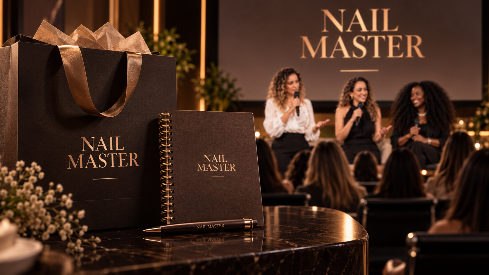 Materiais da imersão Nail Master com as especialistas ao fundo