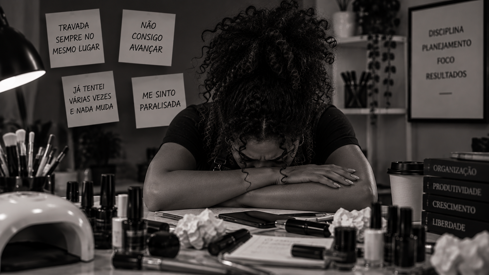 Nail Designer refletindo sobre o ciclo de trabalhar muito e continuar dependendo de indicação